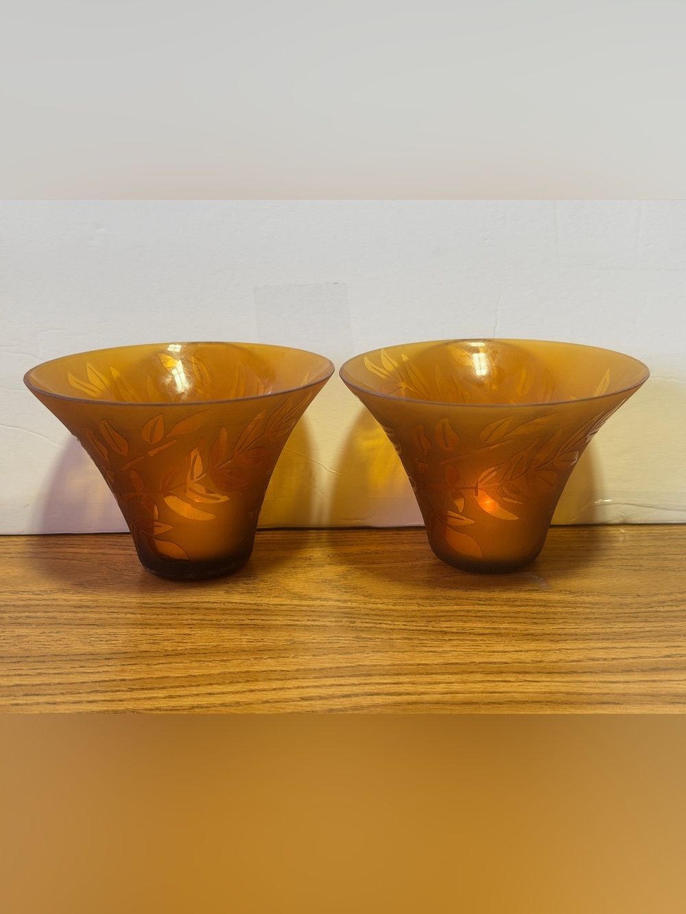 2- Tea Candle Holders, Cambridge, Amber Etched Floral, Vintage
